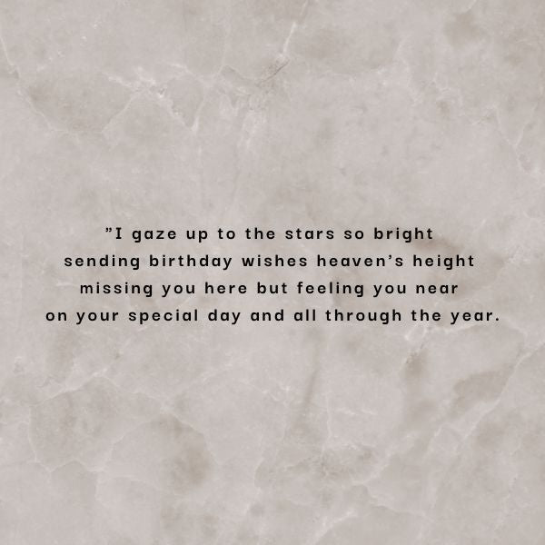 Quote against a marble background about sending birthday wishes to heaven.