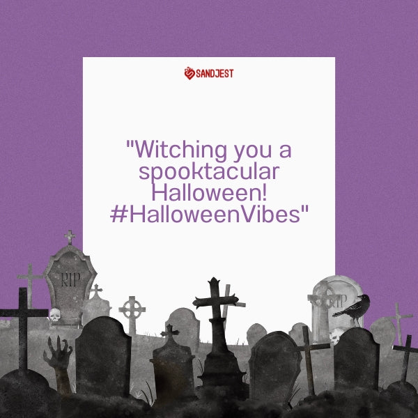 Spooky Halloween graveyard scene with an upbeat quote for Instagram.