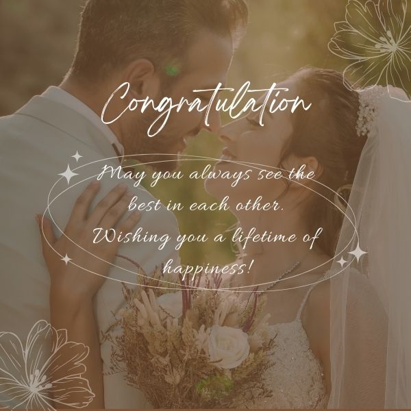 Bride and groom sharing an intimate moment with a congratulatory quote wishing lifelong happiness.