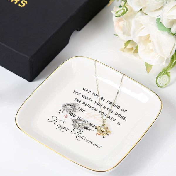 Happy Retirement ring dish, an ideal keepsake among retirement gifts for mom.