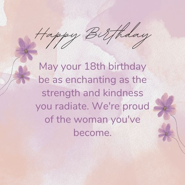 Graceful 18th birthday card with floral elements and a message of pride for a young woman's strength.