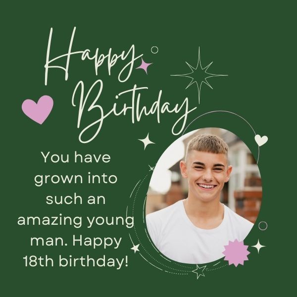 A joyful 18th birthday celebration card featuring a smiling young man and well-wishes for his future.