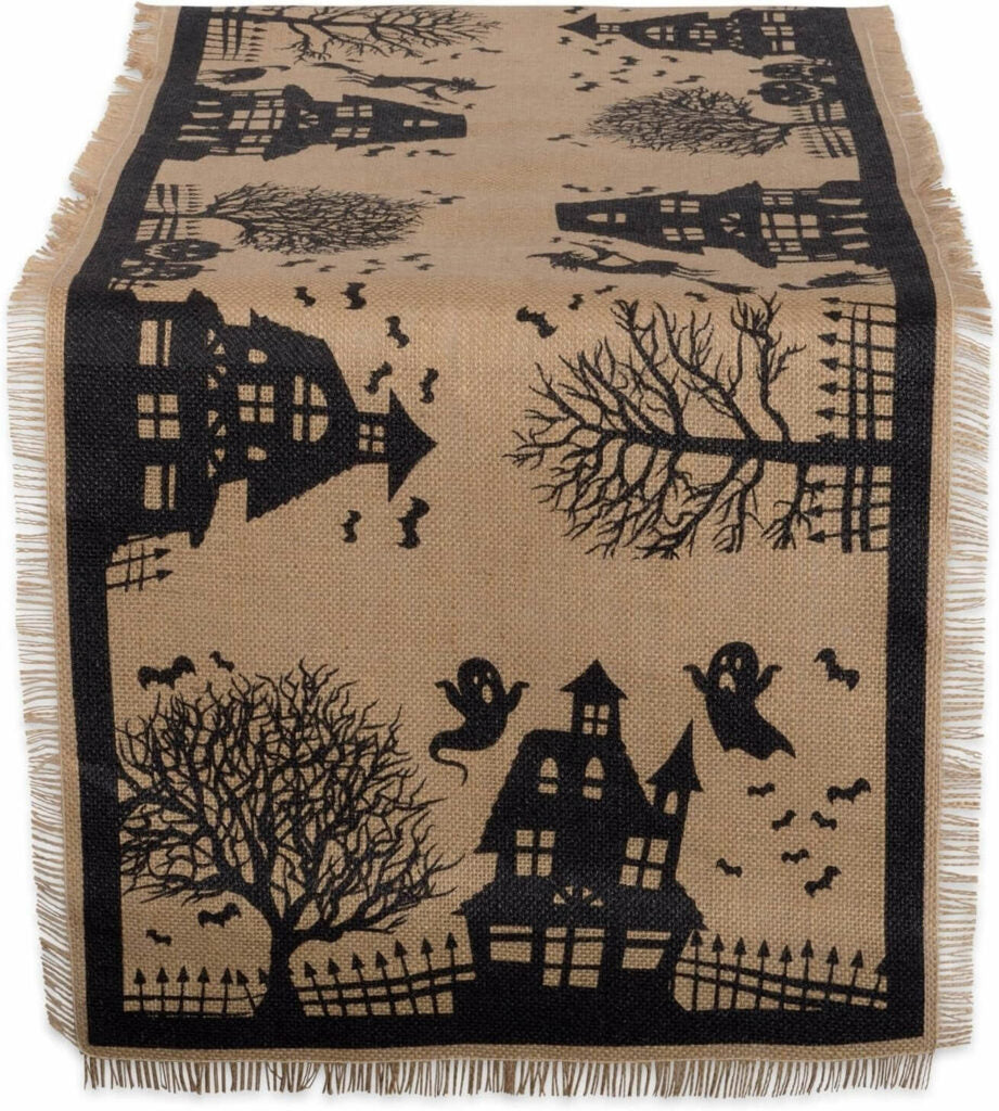 Spooky haunted house burlap table runner, perfect for Halloween
