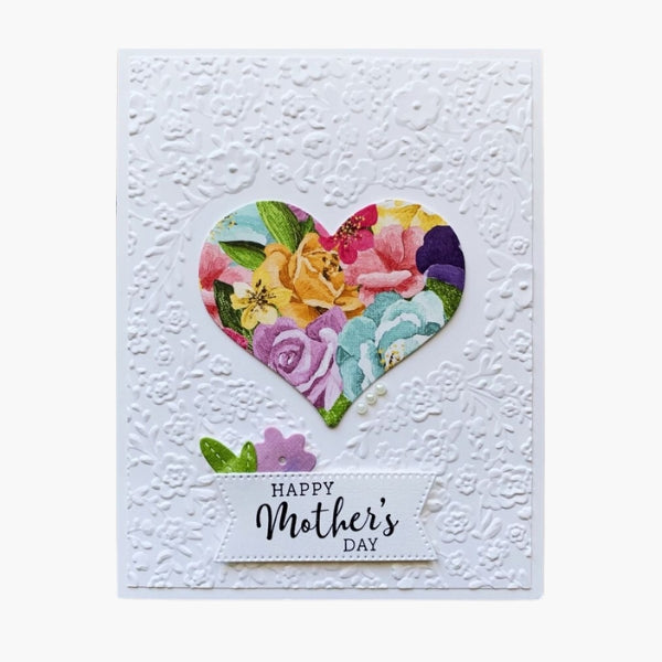 A textured Mother's Day card with a floral heart and a banner reading "Happy Mother's Day."