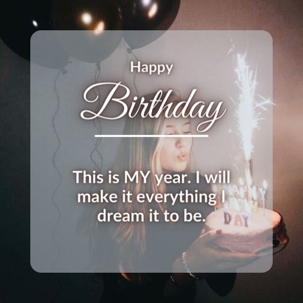 Woman celebrating with a sparkler and birthday cake, optimistic birthday quote overlay.