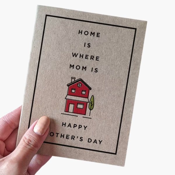 A card with a simple illustration of a house and the words "Home is where Mom is."