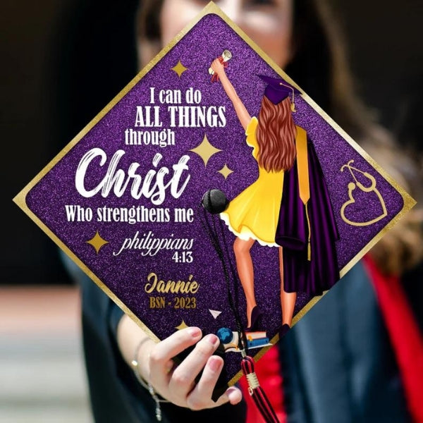 I Can Do All Things Graduation Cap inspires with graduation cap ideas.