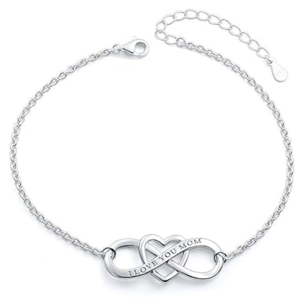 Show your love with the 'I Love You Mom' Heart Infinity Bracelet in Sterling Silver.