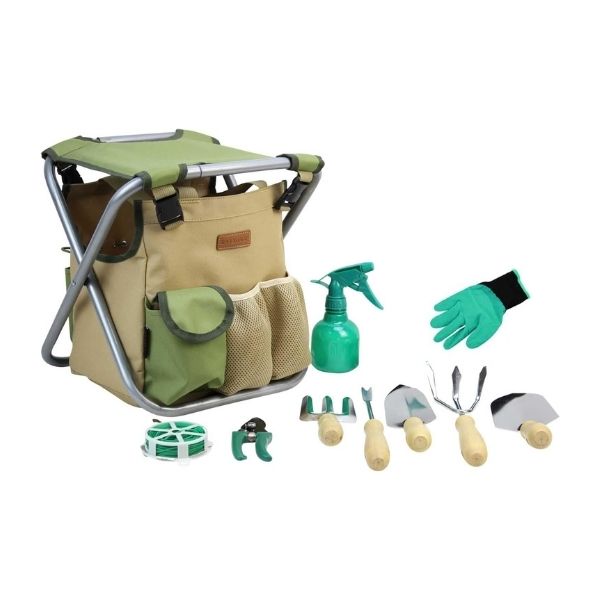 Comprehensive INNO STAGE garden tools set with a foldable stool and organizer, perfect for Grandparents Day.