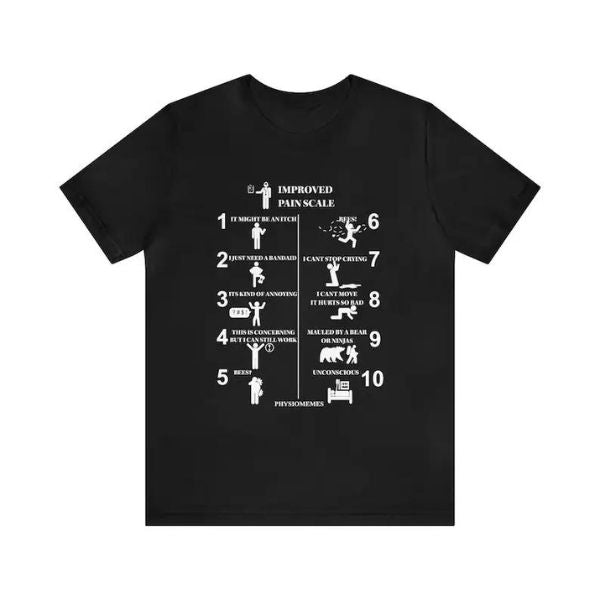 Improved Pain Scale Shirt for PTs offers a witty take on the traditional pain scale, a fun gift for physical therapists.