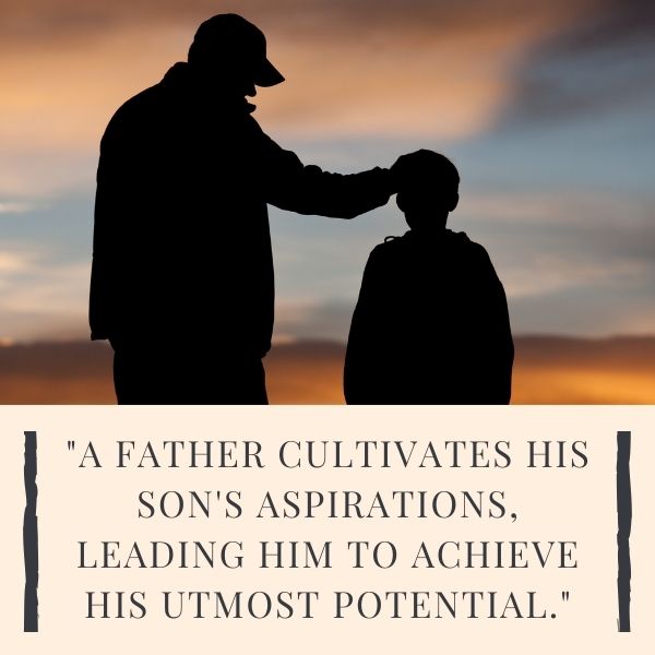 Silhouette of a father and son at dusk with a quote about a father's guidance.