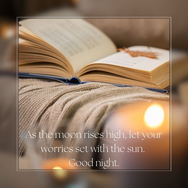 Open book with warm lights and a good night quote about letting go of worries.