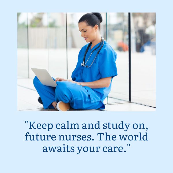 A nurse studying on her laptop with a motivational quote for nursing students.