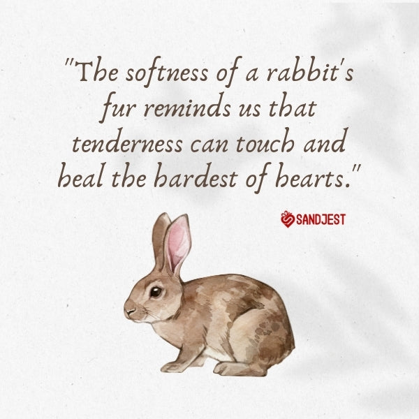 Tender illustration of a rabbit with an inspirational quote on the kindness of a rabbit's touch
