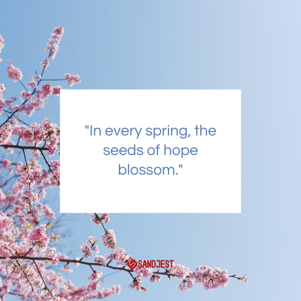 A burst of blossoms highlights an inspirational spring quote, symbolizing Sandjest's vision of meaningful gifting.