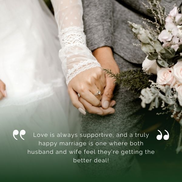 Close-up of a married couple holding hands with a wedding quote about supportive love and mutual happiness in marriage.