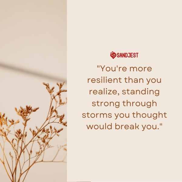 A minimalist Sandjest graphic featuring inspirational quotes for depression about the quiet strength that weathers life's storms.