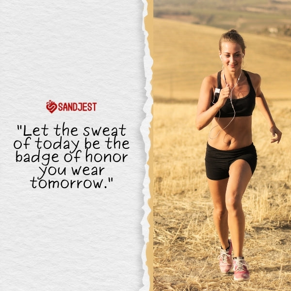 A woman jogging through nature depicted in inspirational sports quotes about perseverance.