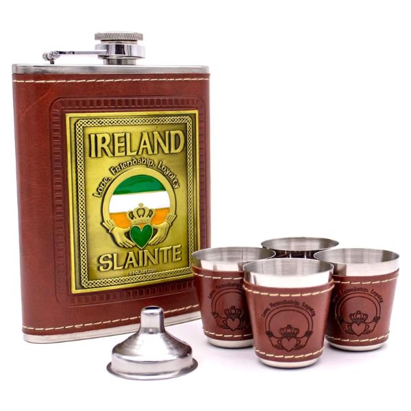 Elevate your drinking experience with the Irish Flask Set—a stainless steel gift boxed flask with four shot glasses, perfect for sipping in Irish style.