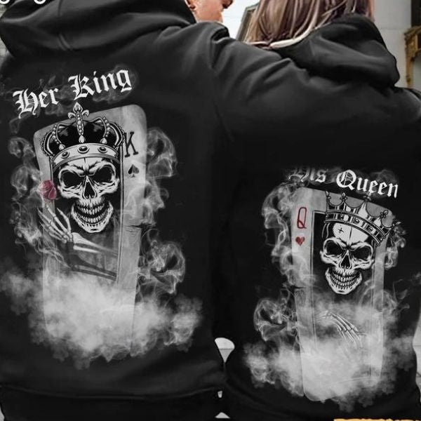 King Queen Skull Couple Matching Hoodies, a trendy and bold anniversary gift for your girlfriend