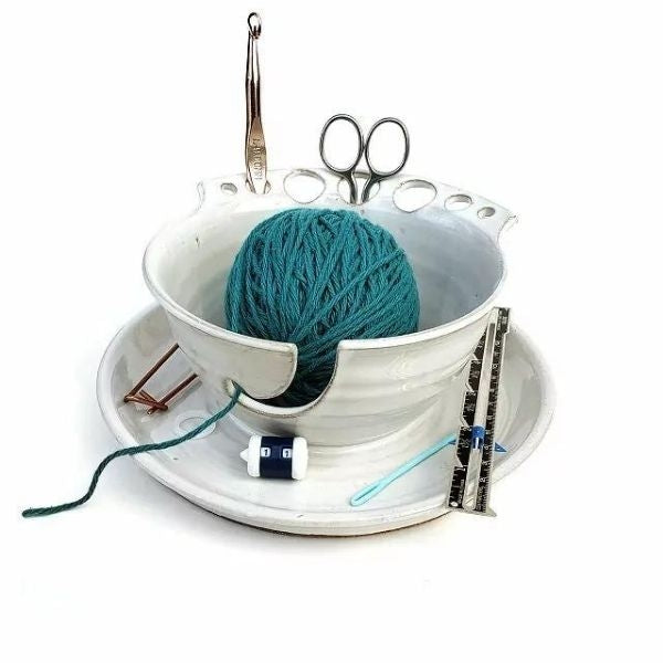 Convenient knitting caddy & yarn bowl, a perfect gift for grandmas who knit.