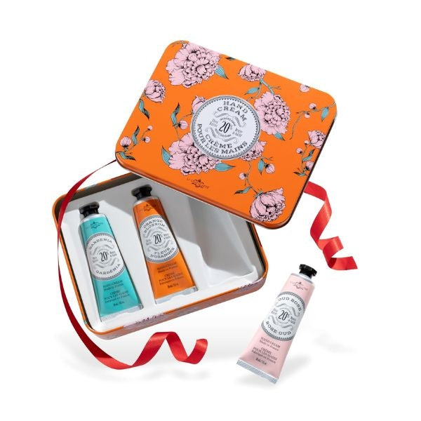 La Chatelaine Hand Cream Trio in a decorative tin, a luxurious valentines gift for mom.