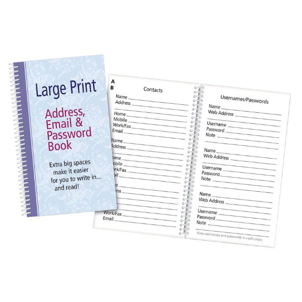 Large print password book, a handy and thoughtful gift for older mom to safely organize and access online account information with ease.