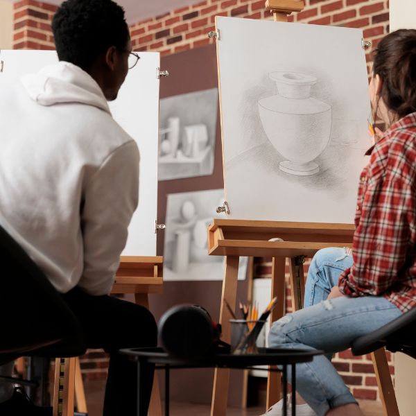 Art couple sketching a still life arrangement in a drawing class.