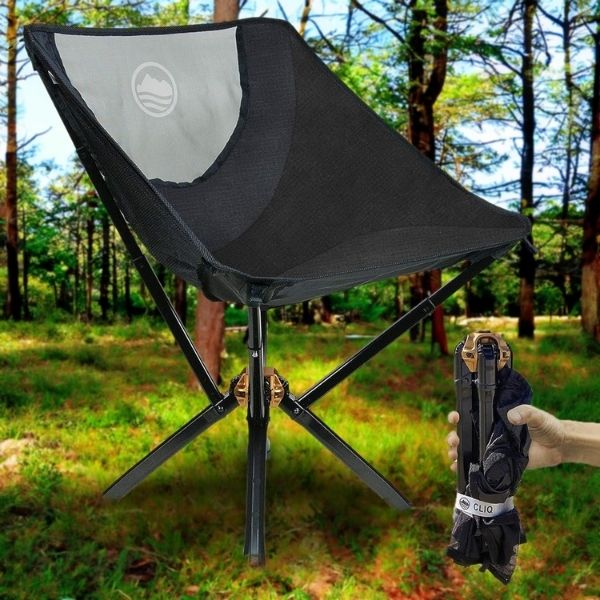 A folding chair by Coleman provides comfortable portable seating at the campsite or fishing hole