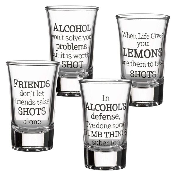 Lillian Rose Party Shot Glasses, a set of 4 clear shot glasses, perfect for celebrating with guy friends.