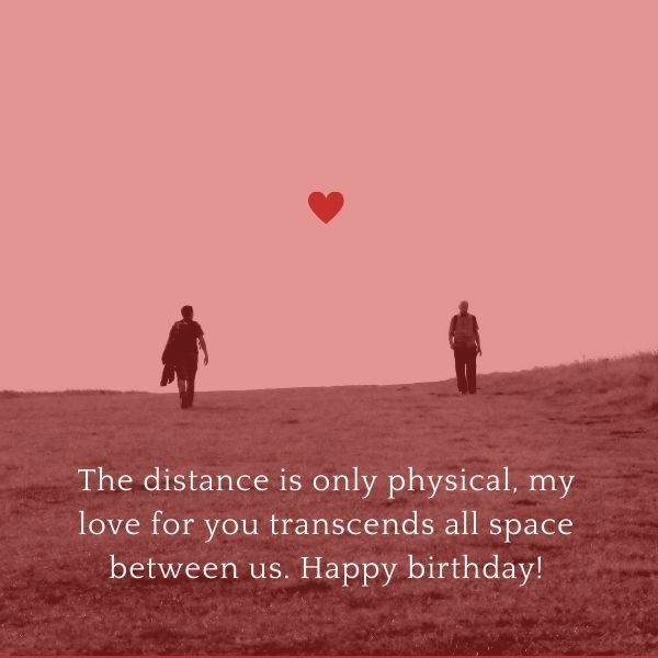 Heartfelt long-distance birthday message over a silhouette of a couple on a hill with a deep red sky.