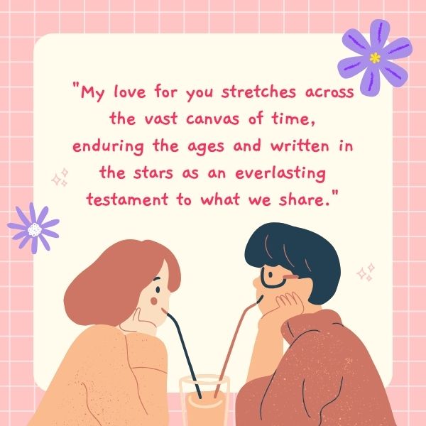 Love quote on a playful background with cartoon couple sharing a milkshake.