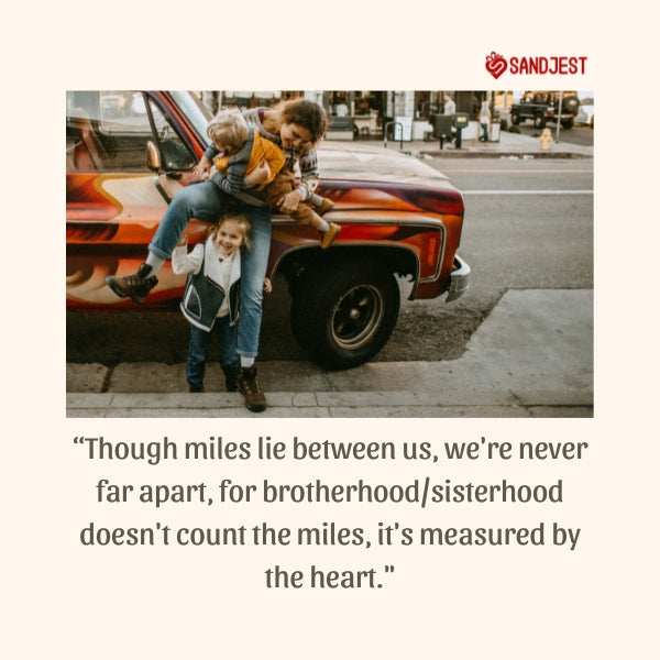 Siblings sharing a hug in front of a classic car embodies long distance brother and sister quotes.