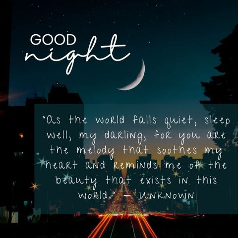 A cityscape at night with a crescent moon good night message for him