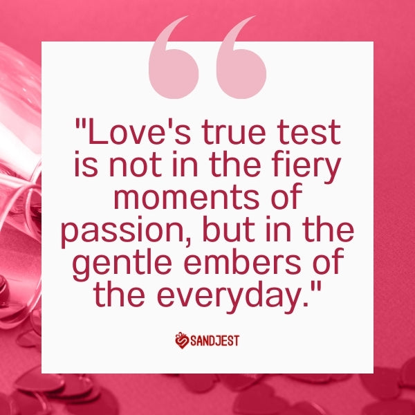 A meaningful quote on the endurance of love over time, presented against a background of intertwined pink ribbons