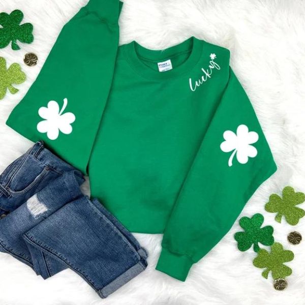 Elevate your casual look with the Lucky Crew Neck featuring Shamrock Elbow Patches—a charming addition to your St. Patrick's Day wardrobe.