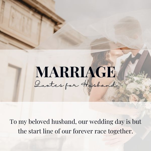 Bride and groom affectionately looking at each other, with a quote for the husband on their wedding day.