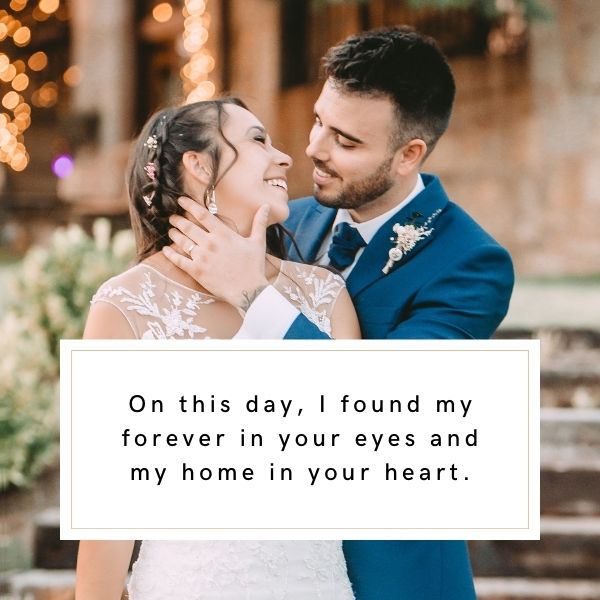 Joyful bride and groom on their wedding day with a quote about finding forever in each other's eyes.