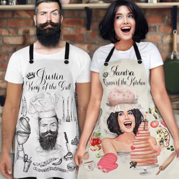 Matching Aprons for couples as a charming 6 month anniversary gift for home chefs.