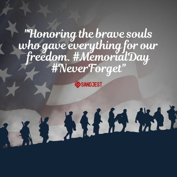 Silhouettes of soldiers against the American flag with a quote honoring their sacrifice for freedom