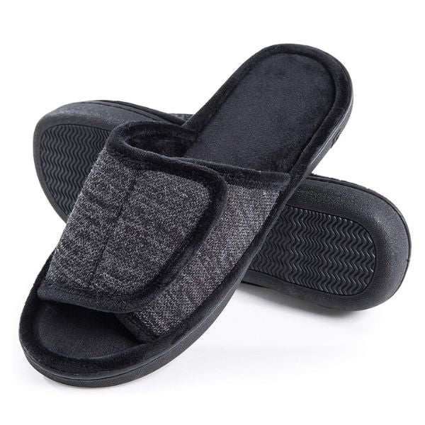 A cozy pair of men's slippers, the perfect gift for boyfriend's dad, adding comfort and style to his daily relaxation