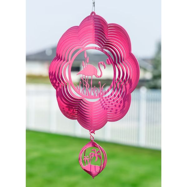 The Metal Flamingo Wind Spinner adds elegance to any outdoor space.