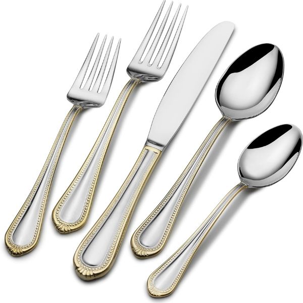 Mikasa Regent Bead Gold 65-Piece Stainless Steel Flatware Set, an elegant dining upgrade for architects.