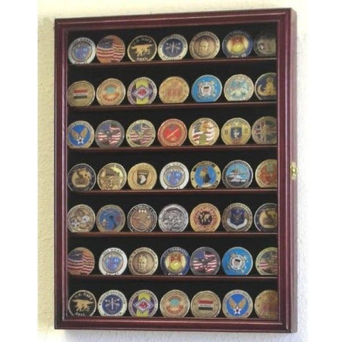 Wooden display case with glass pane for showcasing military challenge coins