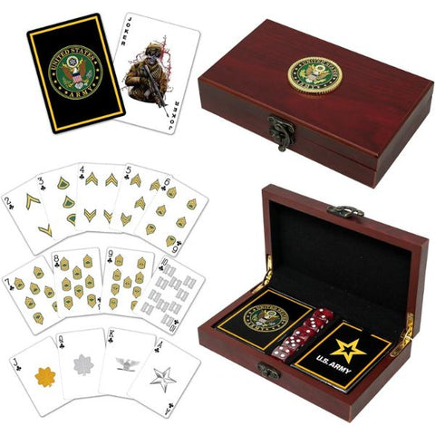 Military-themed playing cards with dice gift set, a classic military retirement gift for game lovers.