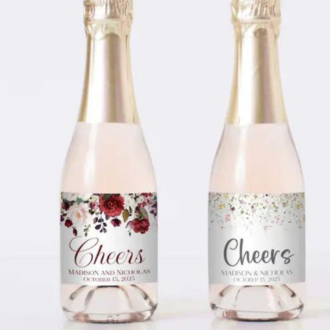 Custom labels for mini champagne bottles, a festive favor.