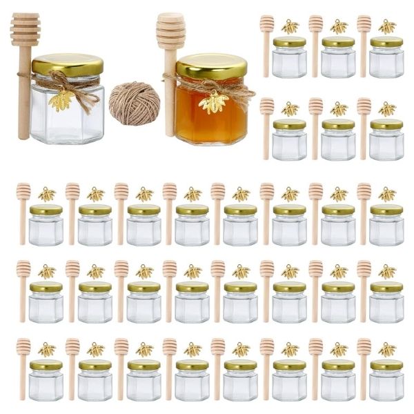Mini Honey Jars With Wood Dipper bring sweetness to baby shower favors.