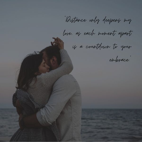 Embracing couple by the sea with a quote about the depth of love over distance.