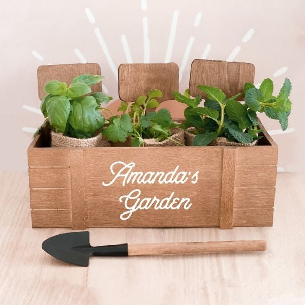 The ModParty Personalized Mini Herb Garden Kit is a special and custom gift for garden and herb lovers.