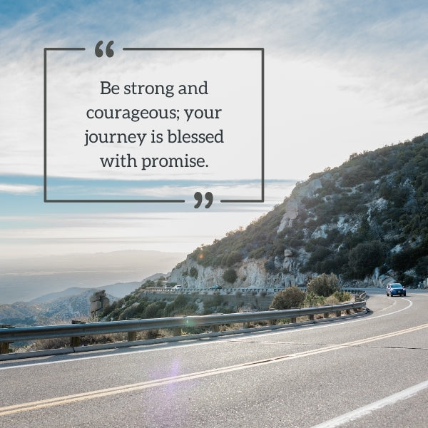 Winding road and scenic vista with an motivational quote about strength and promise for motivation
